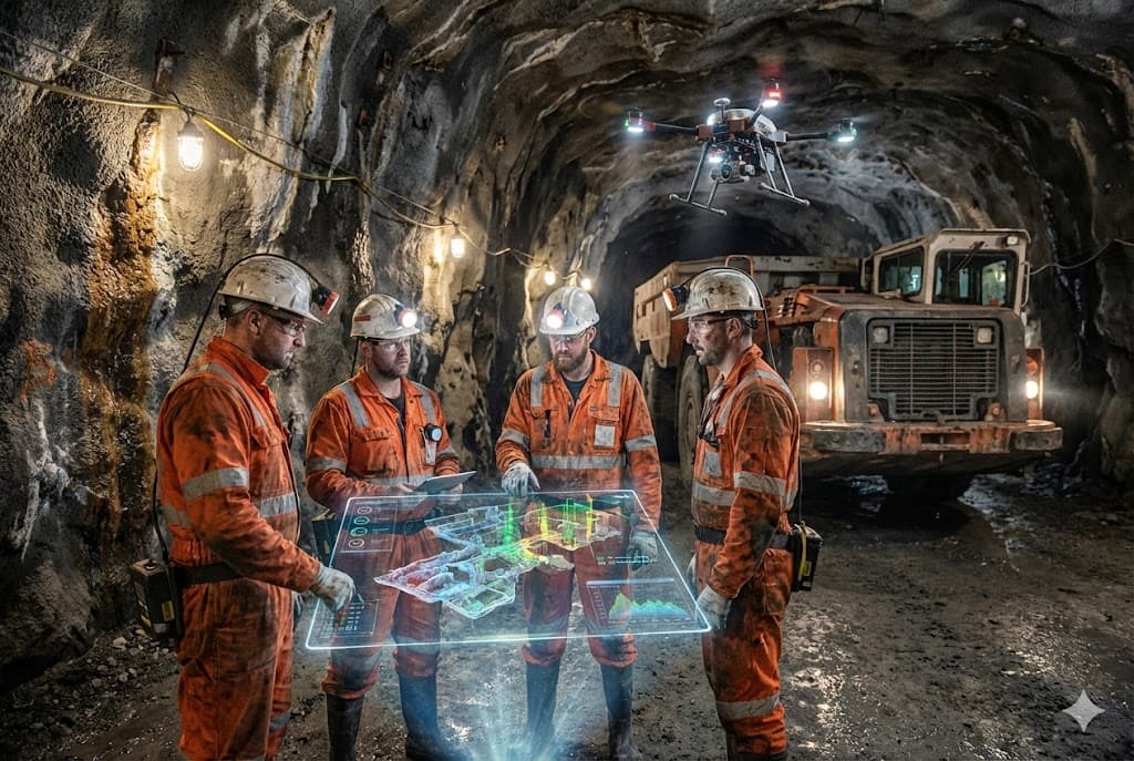 Workers with modern mining technology